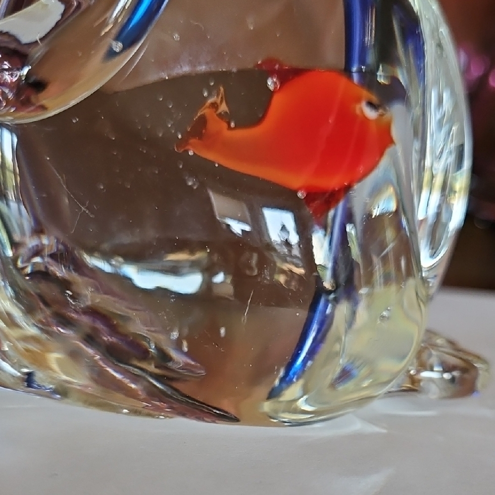 Whimsical Handblown Cat Sculpture Figurine with Orange Fish in Belly - Picture 5 of 5